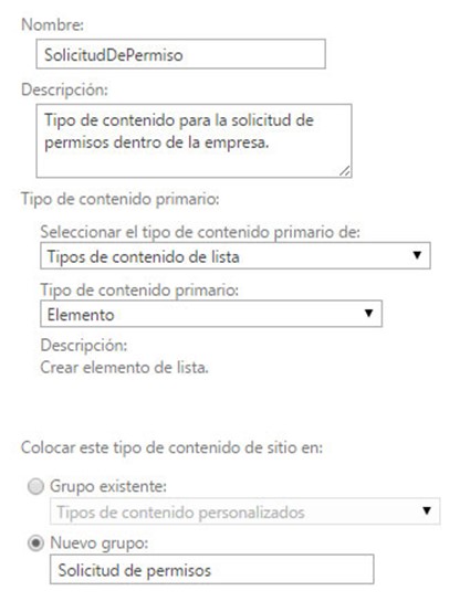 Creación de tipo de contenido en Sharepoint Online (Microsoft)