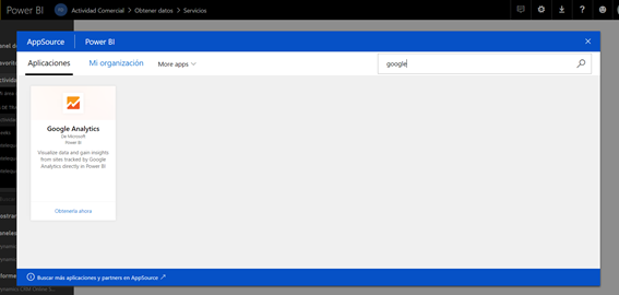 Power BI Service: catálogo de servicios AppSource con Google Analytics disponible y barra de búsqueda activa Power BI Service: catálogo de servicios AppSource con Google Analytics disponible y barra de búsqueda activa