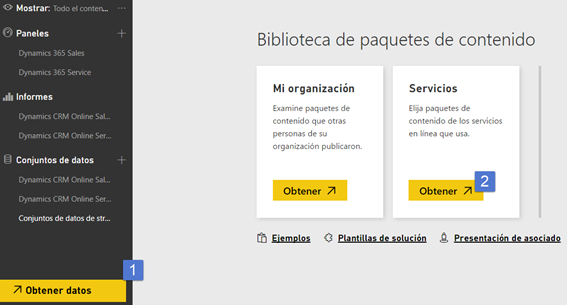 Portal de Power BI con paneles e informes de Dynamics 365 y acceso a Obtener datos desde servicios en línea Portal de Power BI con paneles e informes de Dynamics 365 y acceso a Obtener datos desde servicios en línea