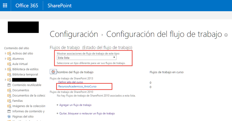 Interfaz de configuración de SharePoint para personalizar flujos de trabajo