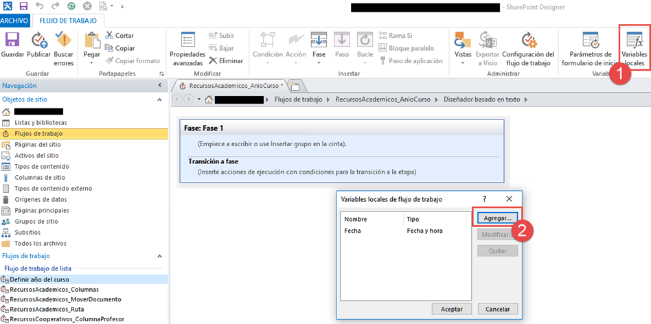 Microsoft SharePoint variables locales en flujos de trabajo