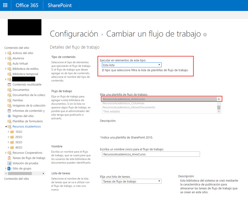 Elegir lista y plantilla de flujos de trabajo en Microsoft SharePoint