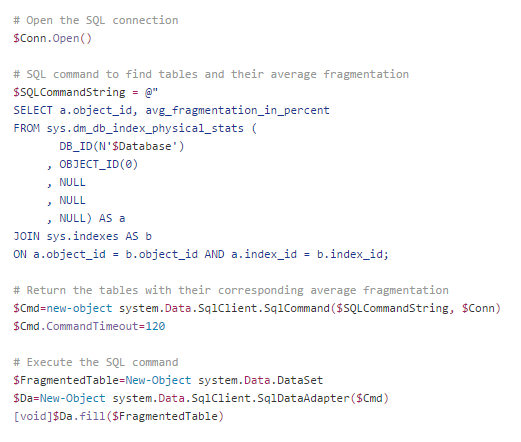 Comprobar fragmentación de las tablas de base de datos (código) - Azure Automation y Windows PowerShell Comprobar fragmentación de las tablas de base de datos (código) - Azure Automation y Windows PowerShell