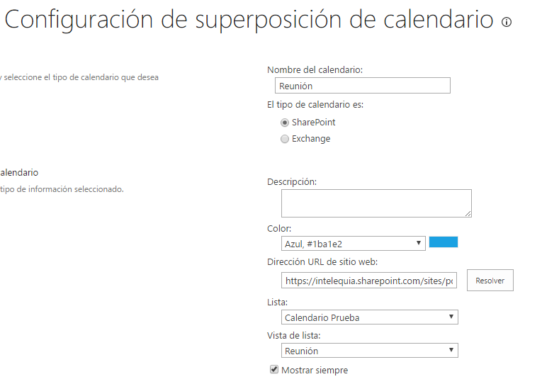 Configuración de superposición de calendario en Sharepoint Configuración de superposición de calendario en Sharepoint