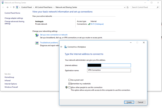 Centro de redes y recursos compartidos de Windows para configurar conexiones y compartir archivos
